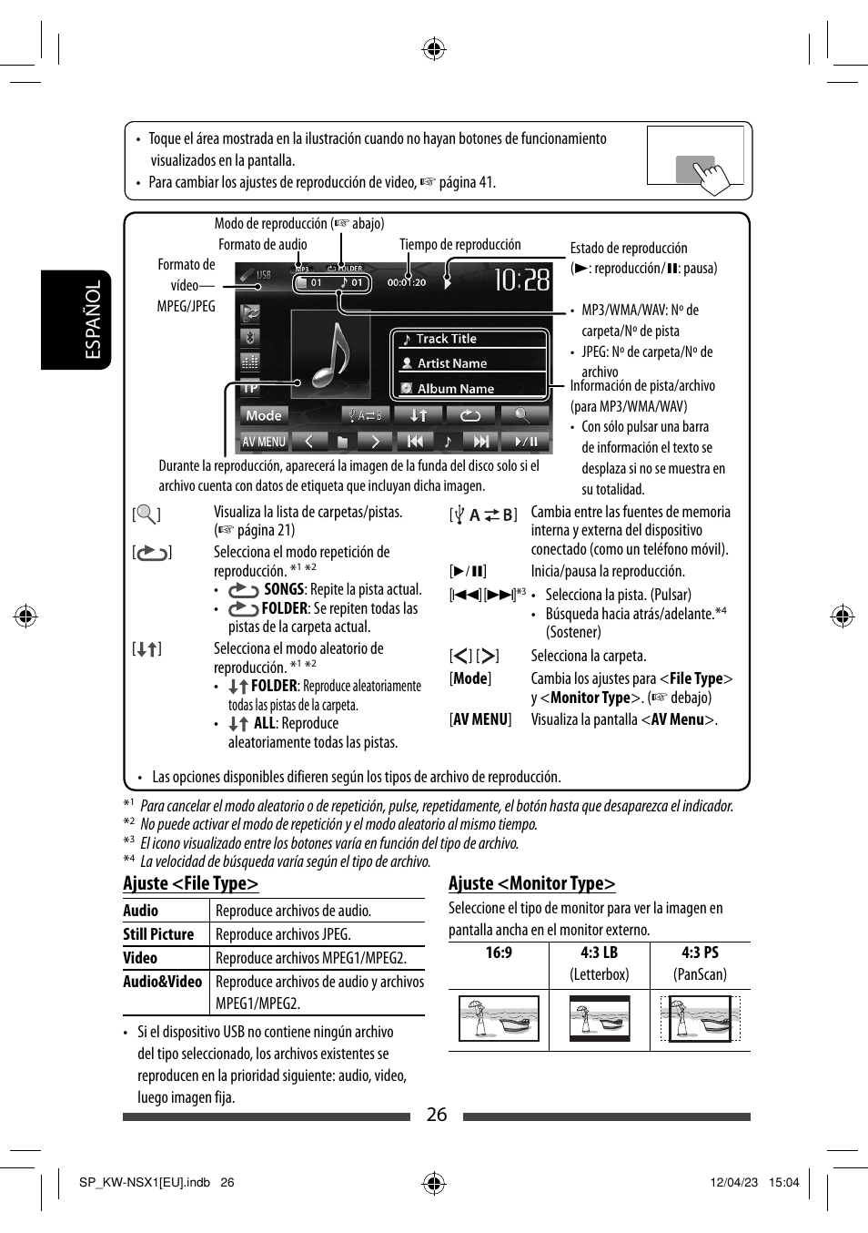 26 esp añol ajuste <file type, Ajuste <monitor type | JVC KW-NSX1 User Manual | Page 96 / 212