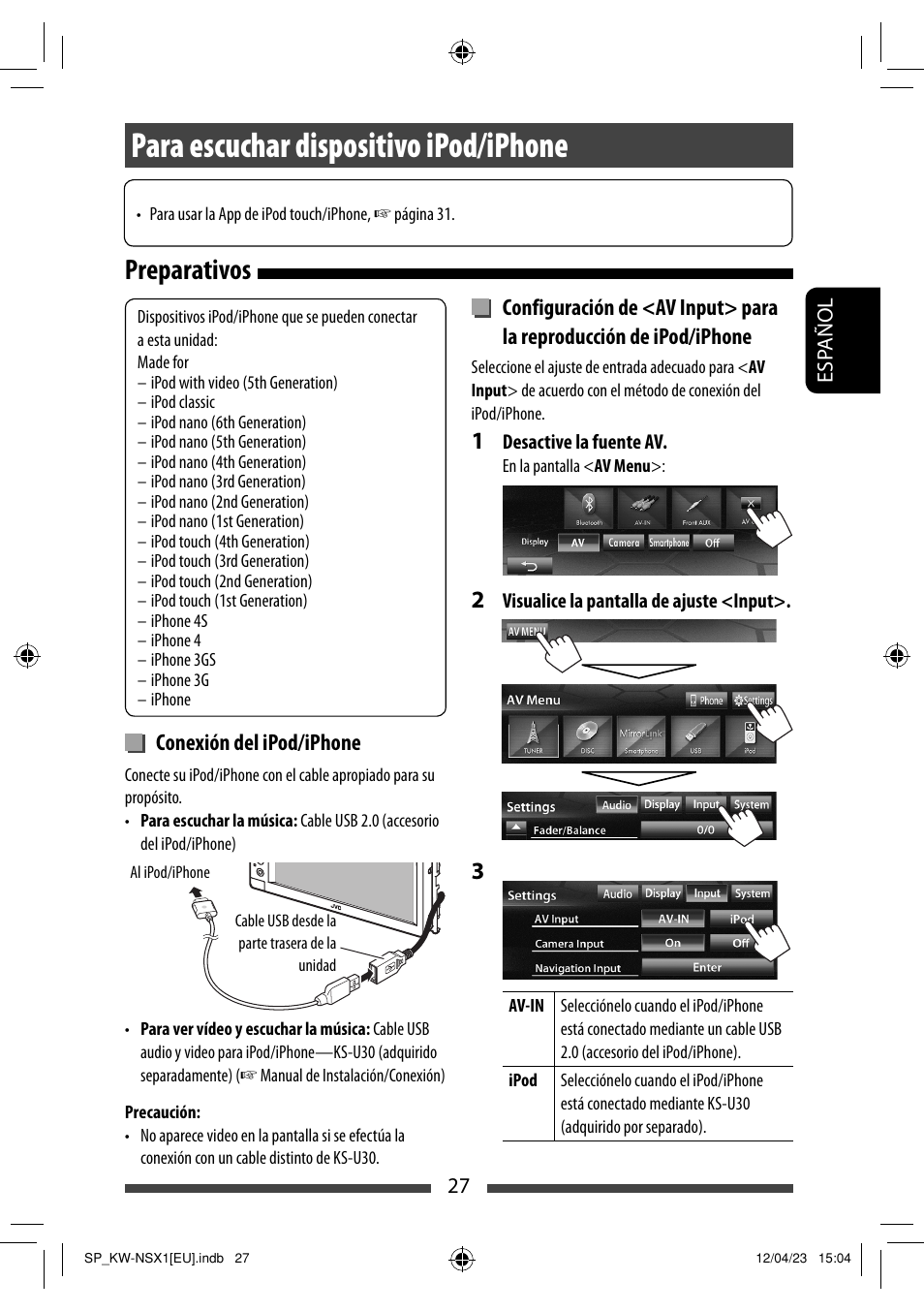 Para escuchar dispositivo ipod/iphone, Preparativos | JVC KW-NSX1 User Manual | Page 97 / 212