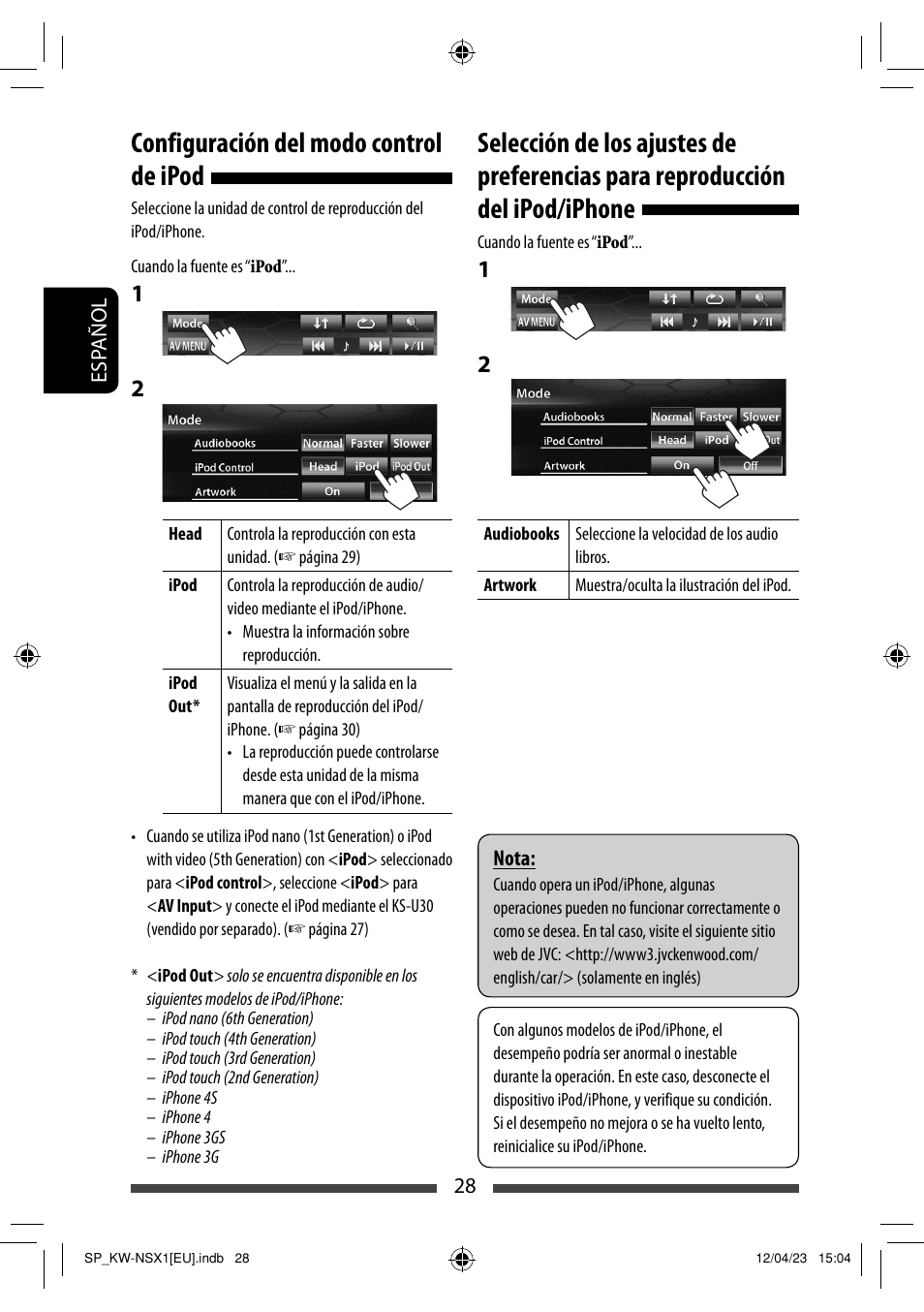 Configuración del modo control de ipod | JVC KW-NSX1 User Manual | Page 98 / 212