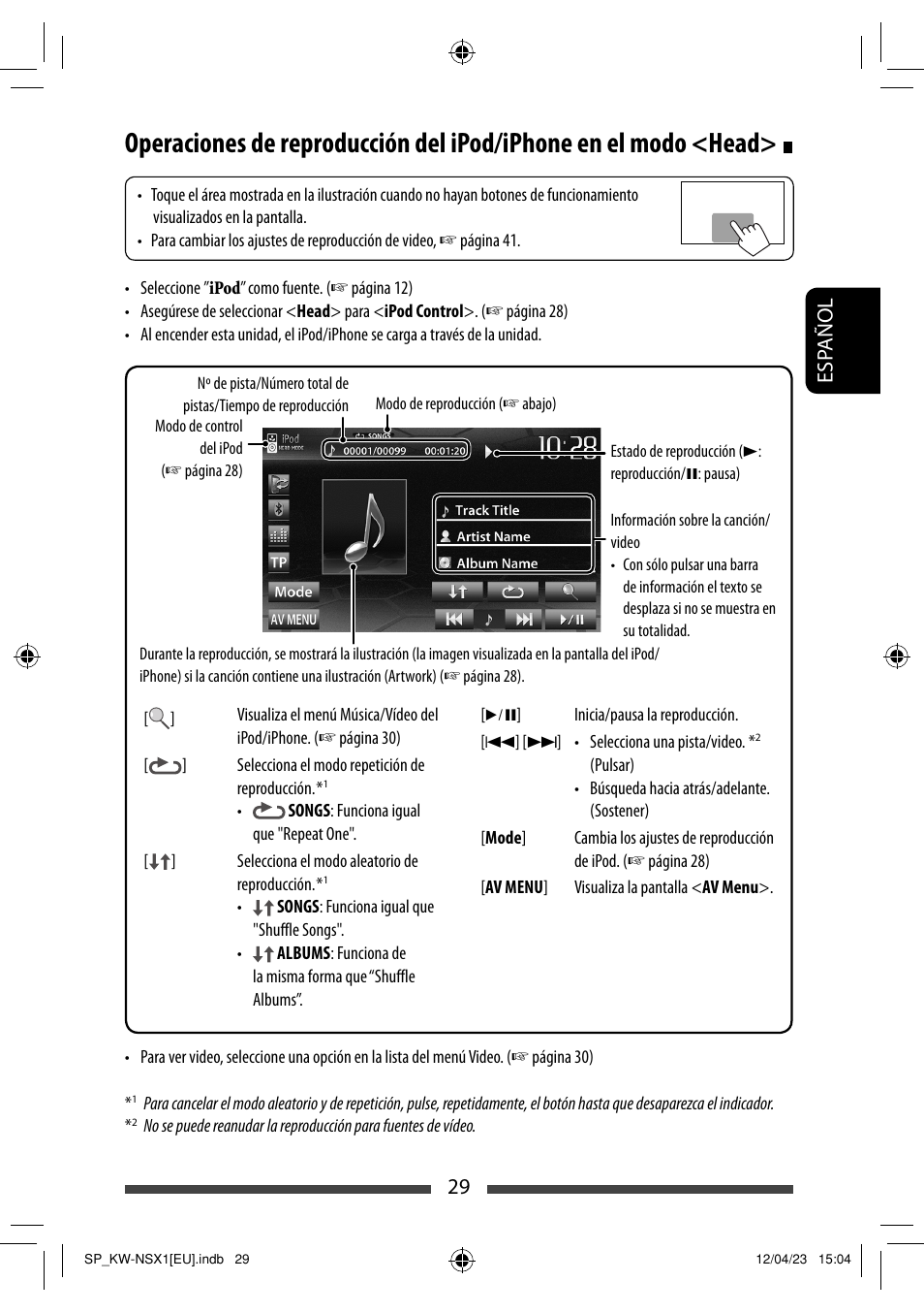 29 esp añol | JVC KW-NSX1 User Manual | Page 99 / 212