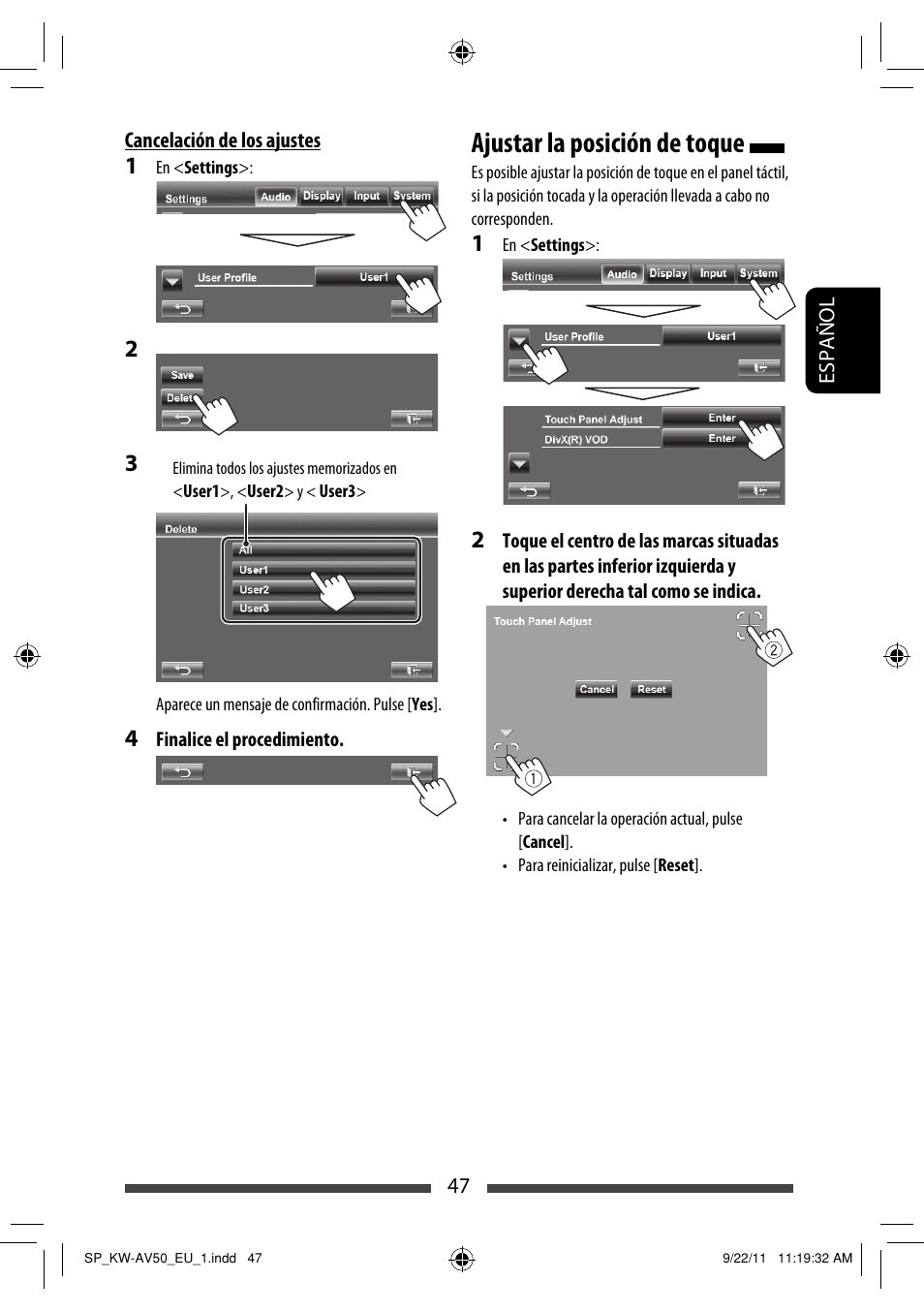 Ajustar la posición de toque | JVC KW-AV50 User Manual | Page 107 / 183