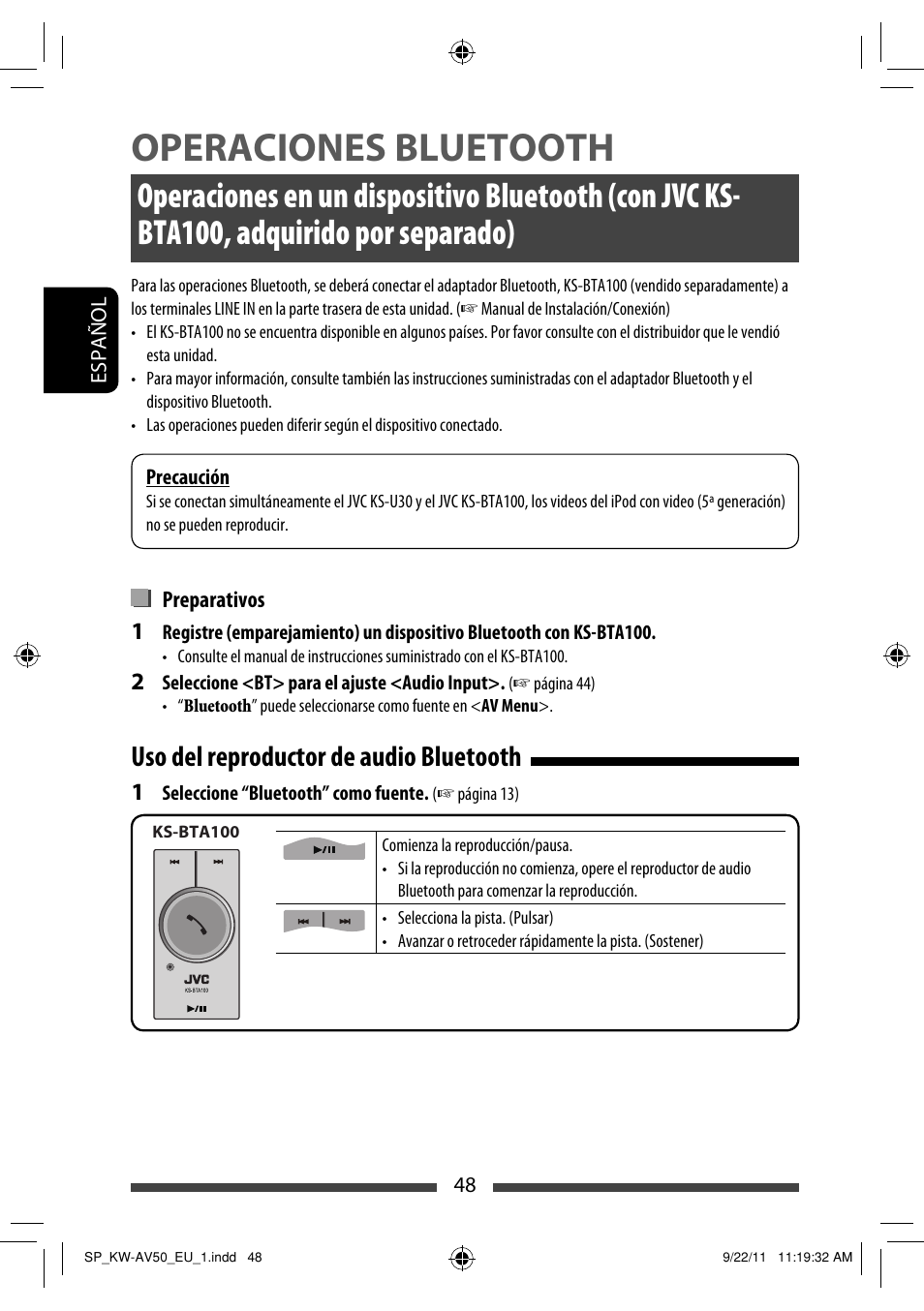 Operaciones bluetooth, Uso del reproductor de audio bluetooth | JVC KW-AV50 User Manual | Page 108 / 183