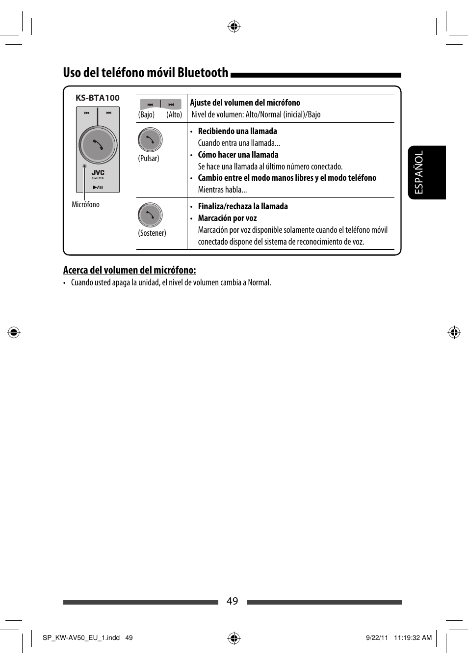 Uso del teléfono móvil bluetooth | JVC KW-AV50 User Manual | Page 109 / 183