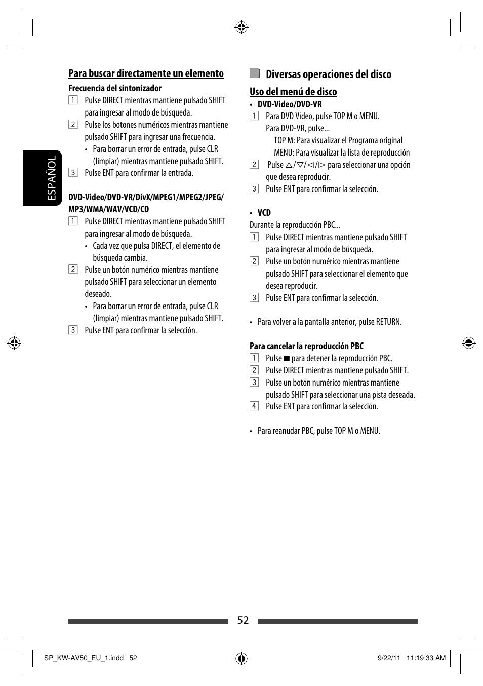 Diversas operaciones del disco | JVC KW-AV50 User Manual | Page 112 / 183