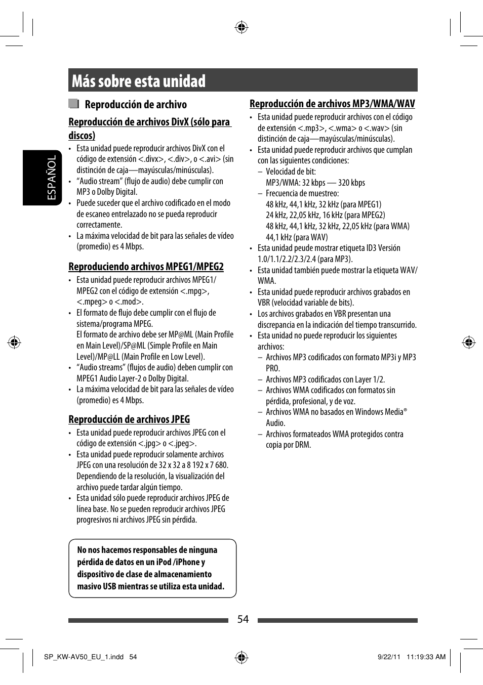 Más sobre esta unidad, Reproducción de archivo | JVC KW-AV50 User Manual | Page 114 / 183