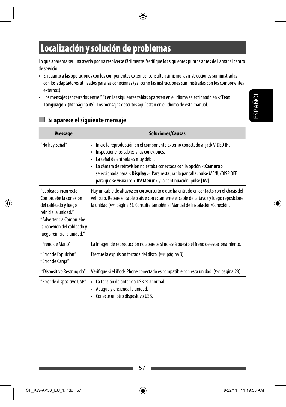 Localización y solución de problemas, Si aparece el siguiente mensaje | JVC KW-AV50 User Manual | Page 117 / 183