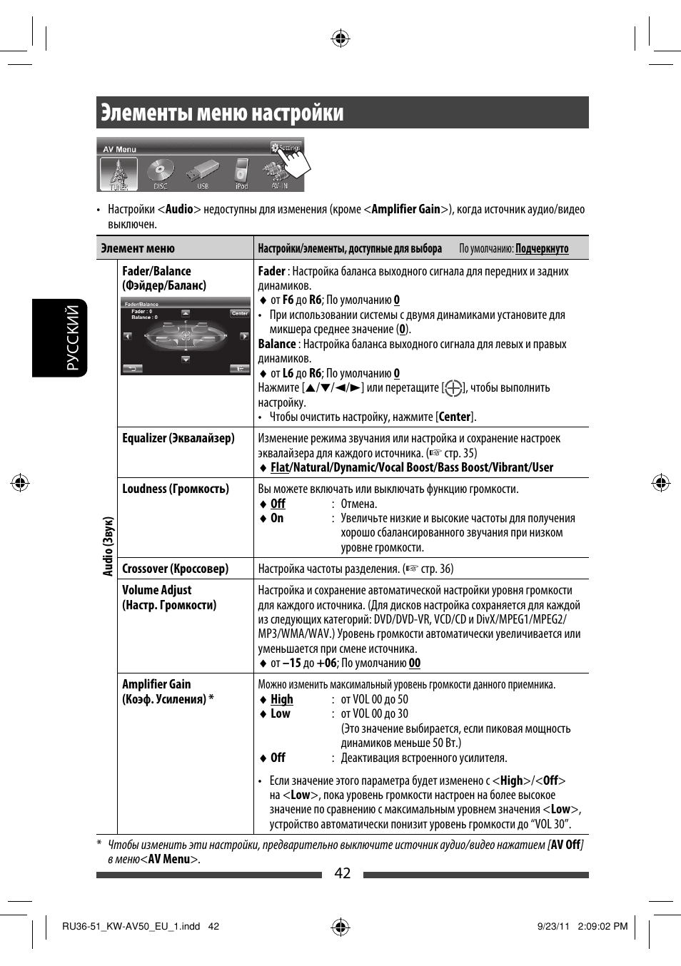 Элементы меню настройки | JVC KW-AV50 User Manual | Page 162 / 183