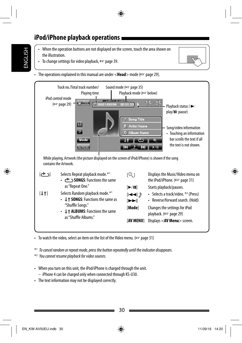 Ipod/iphone playback operations, 30 english | JVC KW-AV50 User Manual | Page 30 / 183