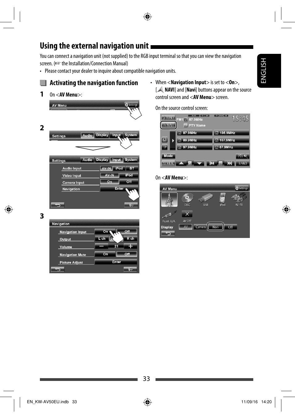 Using the external navigation unit | JVC KW-AV50 User Manual | Page 33 / 183