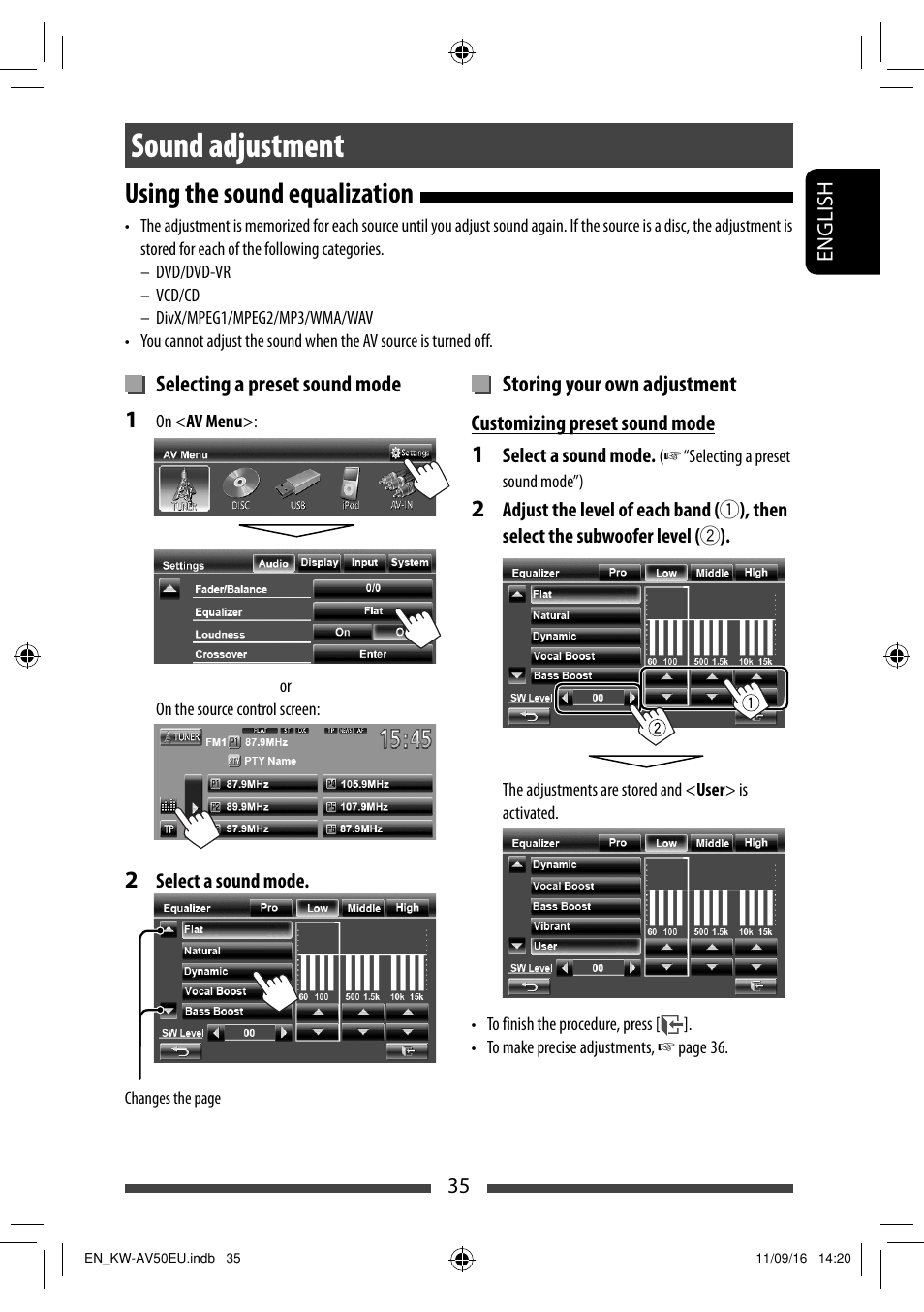 Sound adjustment, Using the sound equalization | JVC KW-AV50 User Manual | Page 35 / 183