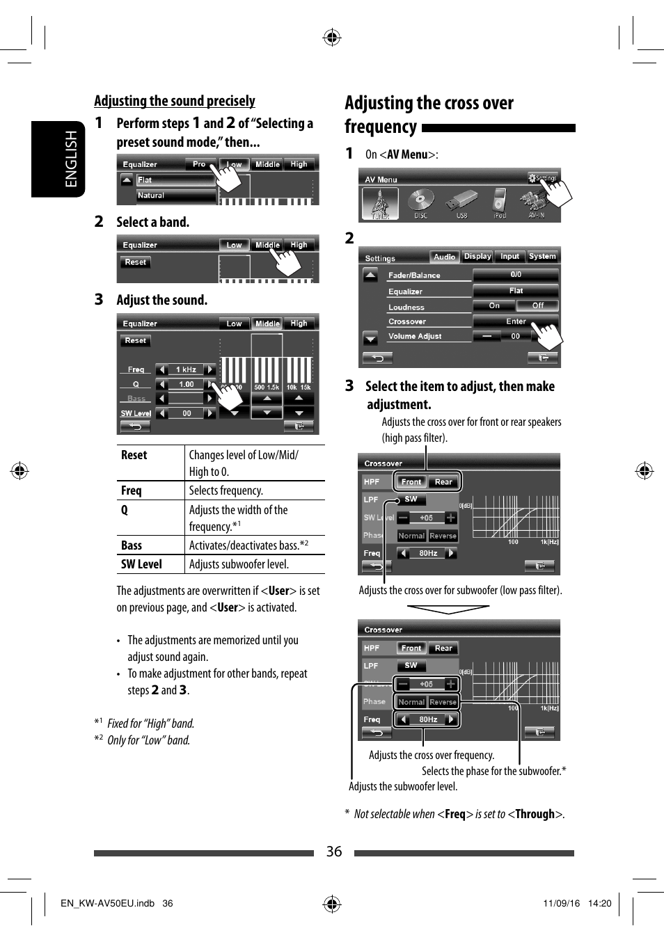 Adjusting the cross over frequency | JVC KW-AV50 User Manual | Page 36 / 183