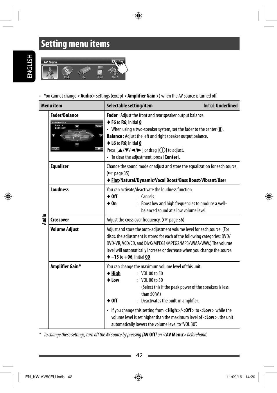 Setting menu items | JVC KW-AV50 User Manual | Page 42 / 183