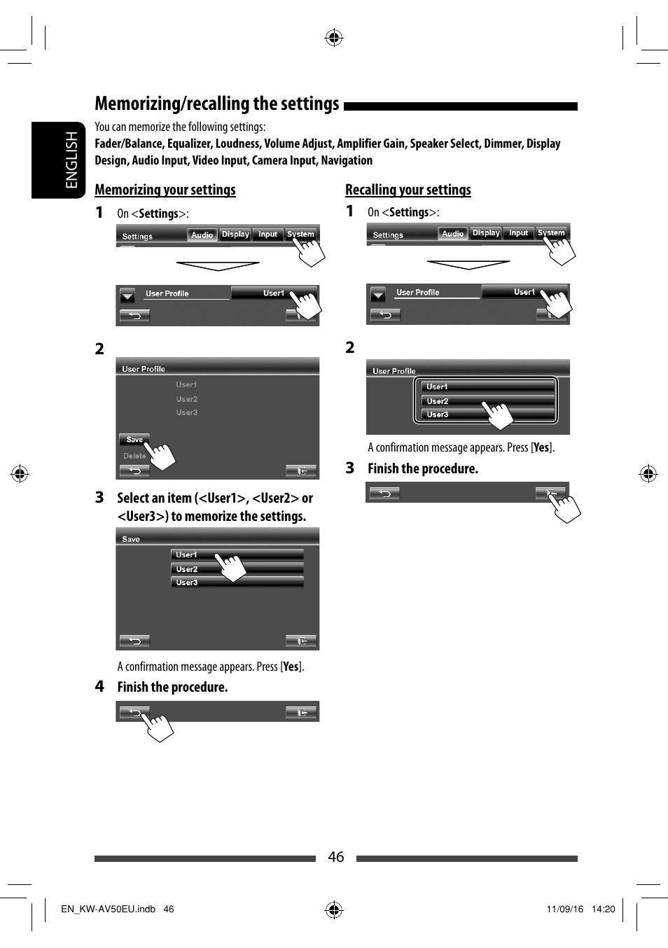 Memorizing/recalling the settings | JVC KW-AV50 User Manual | Page 46 / 183