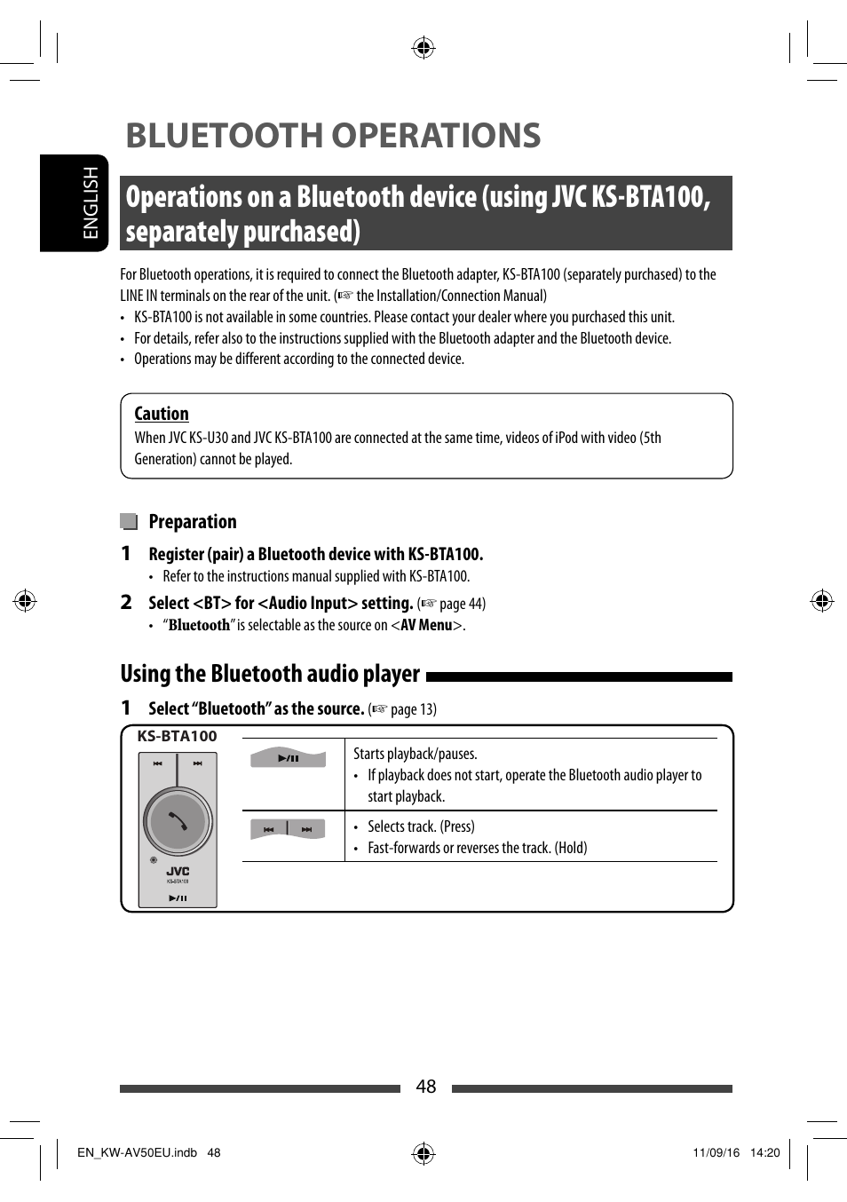 Bluetooth operations, Using the bluetooth audio player | JVC KW-AV50 User Manual | Page 48 / 183