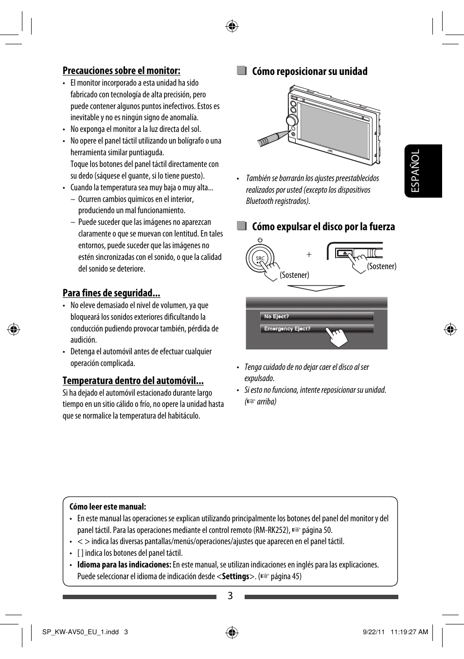 Cómo reposicionar su unidad, Cómo expulsar el disco por la fuerza | JVC KW-AV50 User Manual | Page 63 / 183