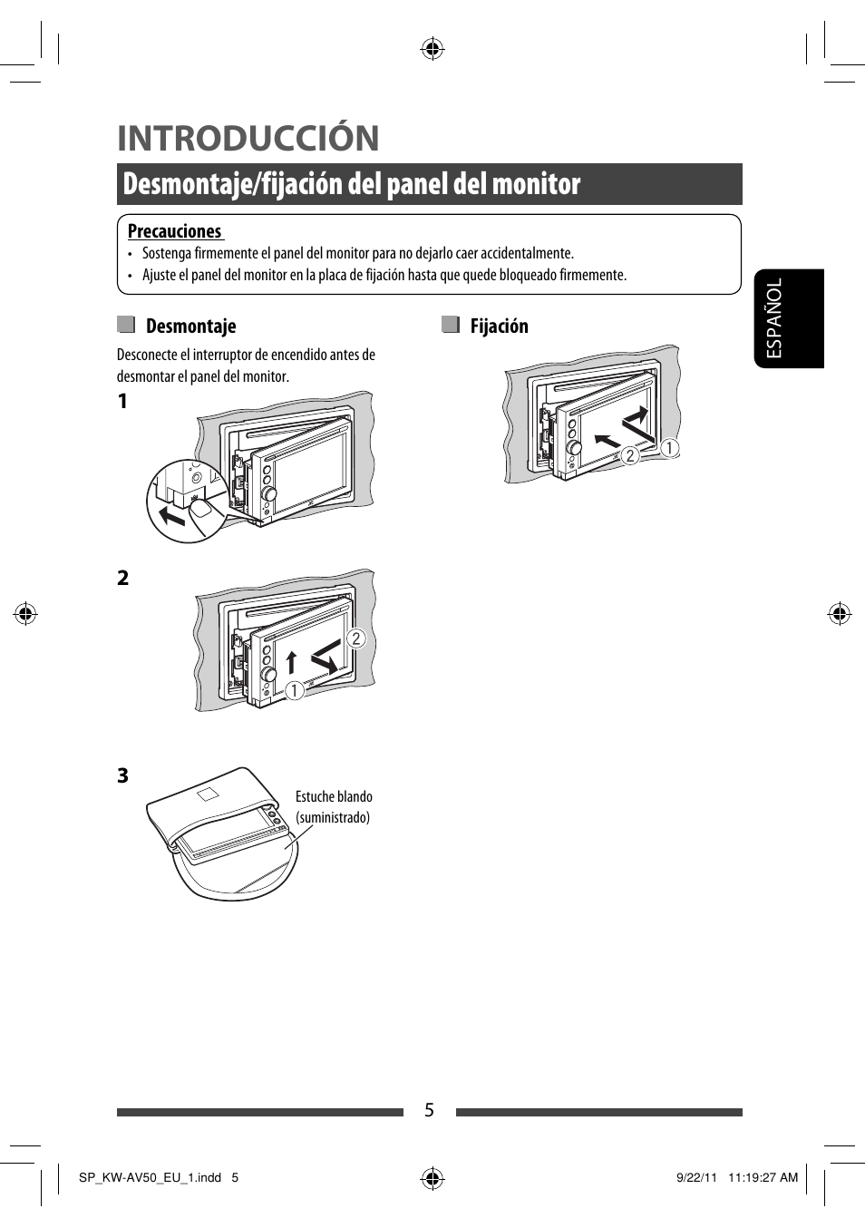 Introducción, Desmontaje/fijación del panel del monitor | JVC KW-AV50 User Manual | Page 65 / 183