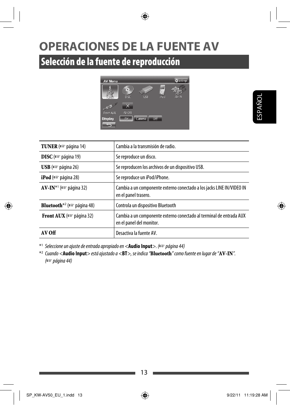 Operaciones de la fuente av, Selección de la fuente de reproducción | JVC KW-AV50 User Manual | Page 73 / 183