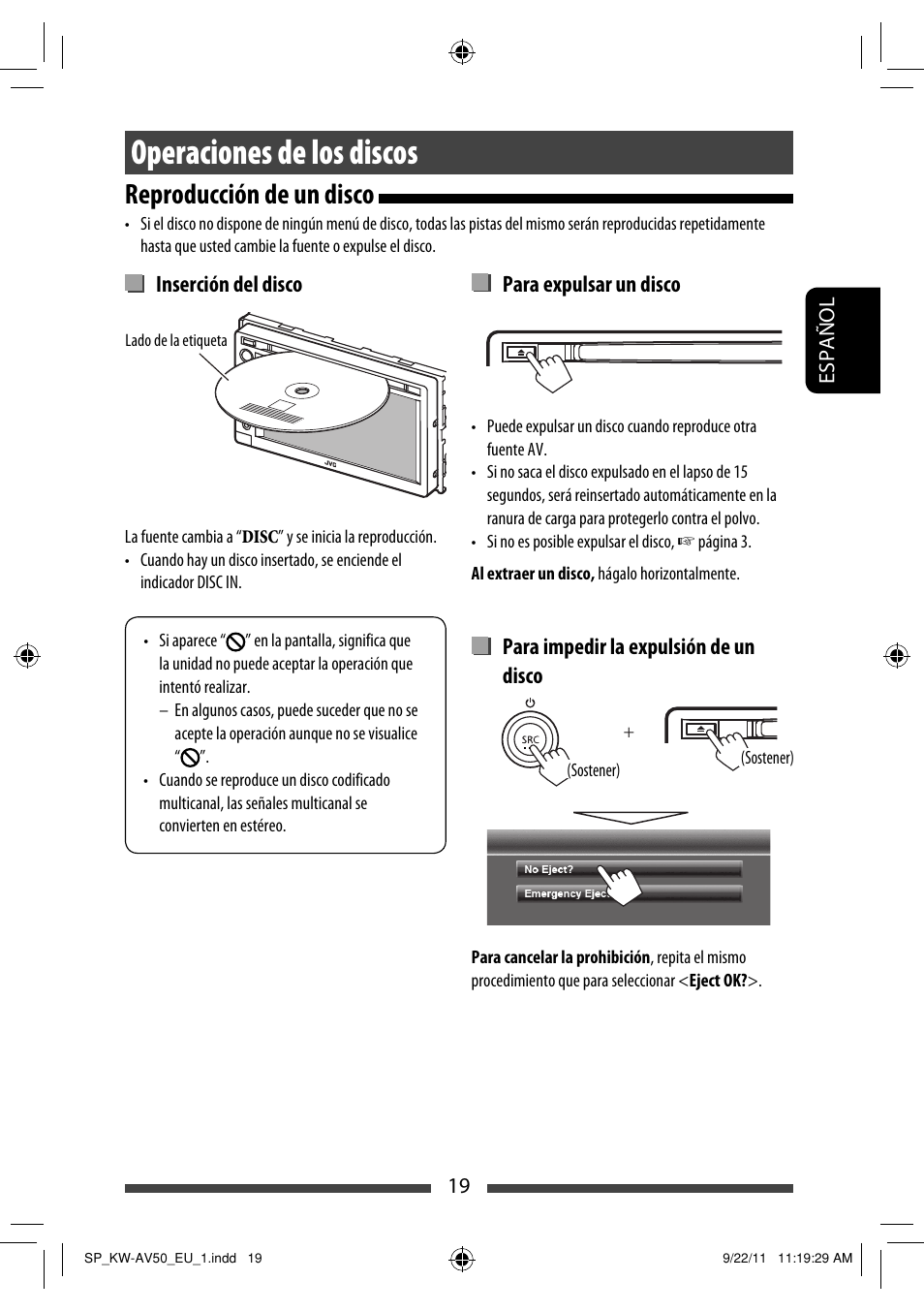 Operaciones de los discos, Reproducción de un disco | JVC KW-AV50 User Manual | Page 79 / 183