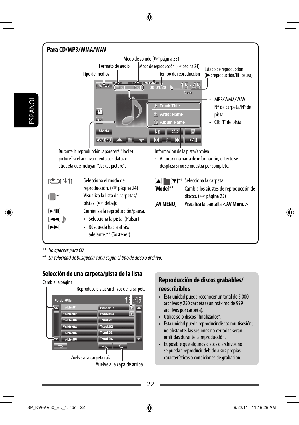 Español 22, Para cd/mp3/wma/wav, Selección de una carpeta/pista de la lista | Reproducción de discos grabables/ reescribibles | JVC KW-AV50 User Manual | Page 82 / 183