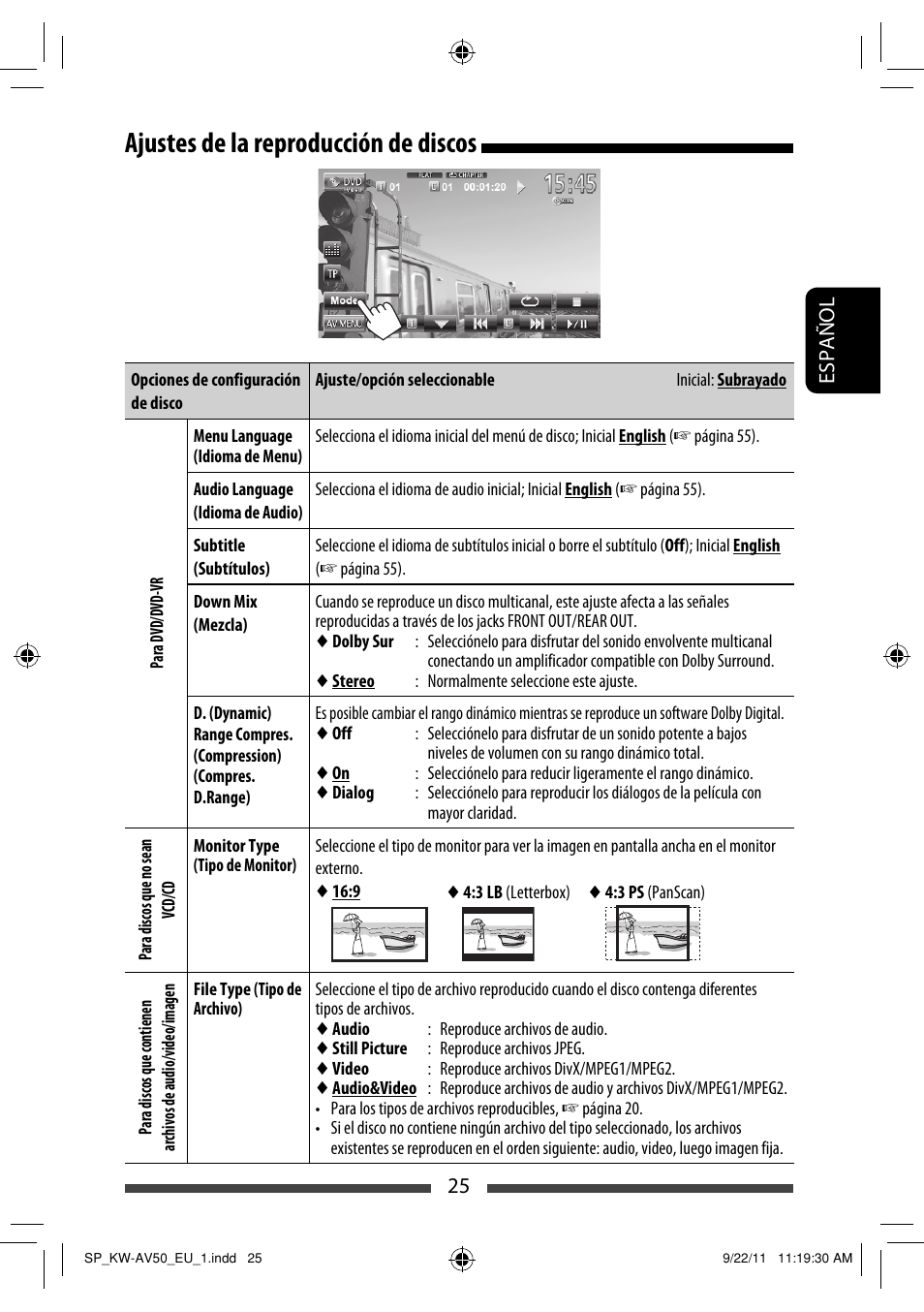 Ajustes de la reproducción de discos | JVC KW-AV50 User Manual | Page 85 / 183