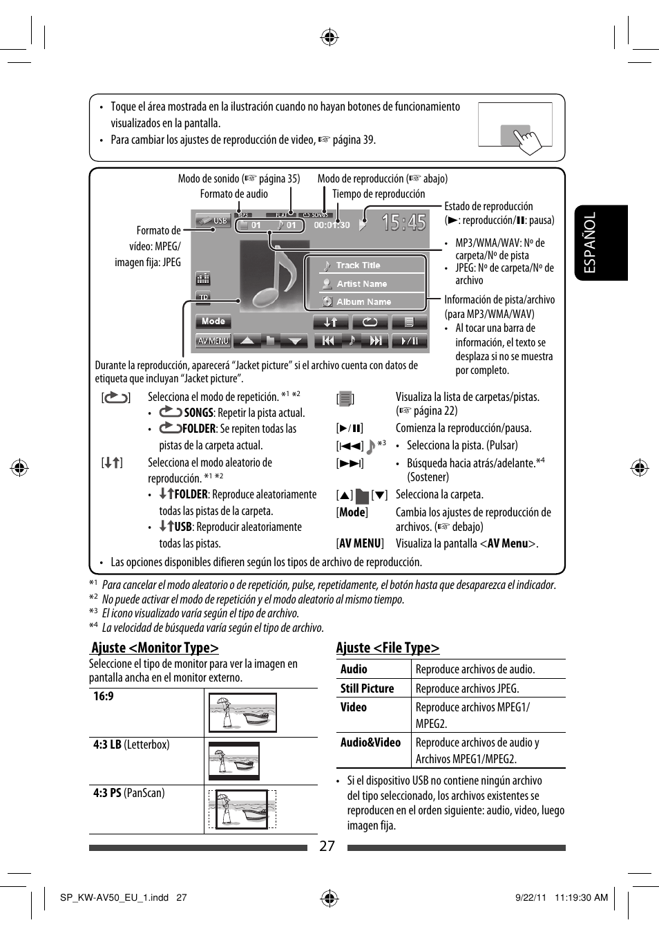 Español 27, Ajuste <monitor type, Ajuste <file type | JVC KW-AV50 User Manual | Page 87 / 183