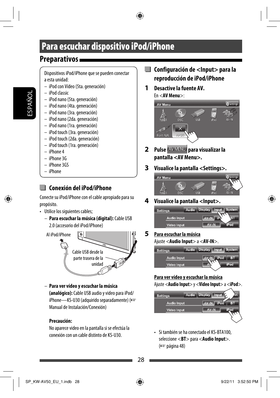 Para escuchar dispositivo ipod/iphone, Preparativos | JVC KW-AV50 User Manual | Page 88 / 183