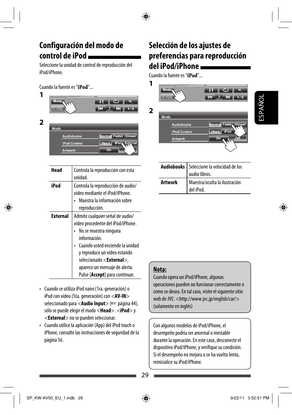 Configuración del modo de control de ipod | JVC KW-AV50 User Manual | Page 89 / 183