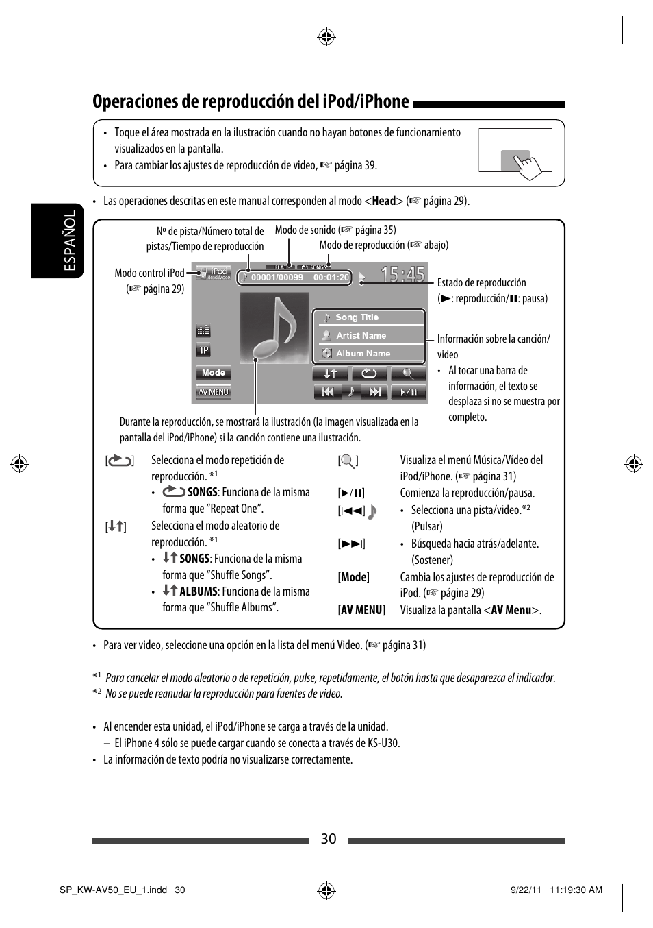 Operaciones de reproducción del ipod/iphone, Español 30 | JVC KW-AV50 User Manual | Page 90 / 183