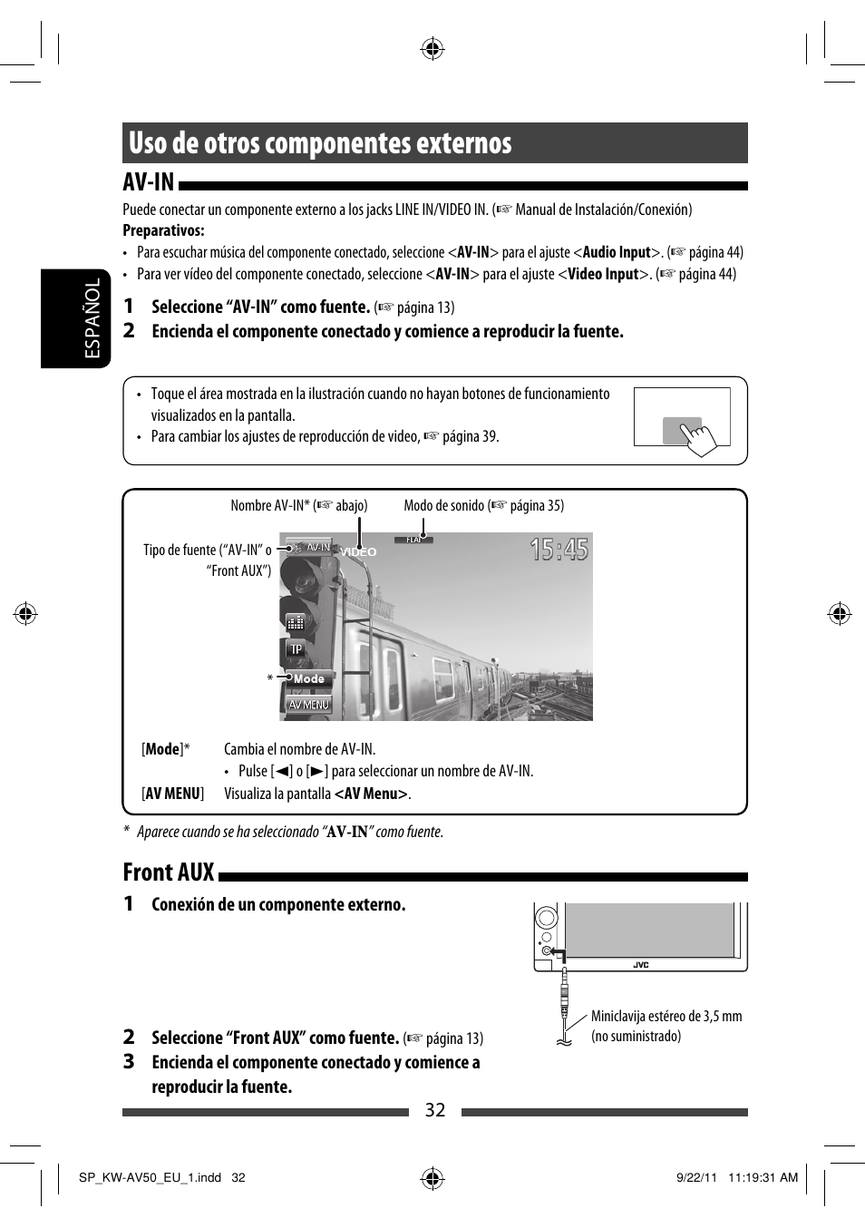 Uso de otros componentes externos, Av-in front aux | JVC KW-AV50 User Manual | Page 92 / 183