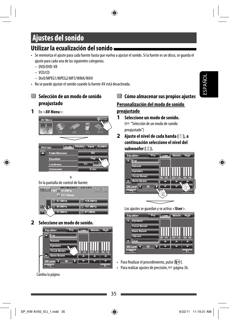 Ajustes del sonido, Utilizar la ecualización del sonido | JVC KW-AV50 User Manual | Page 95 / 183