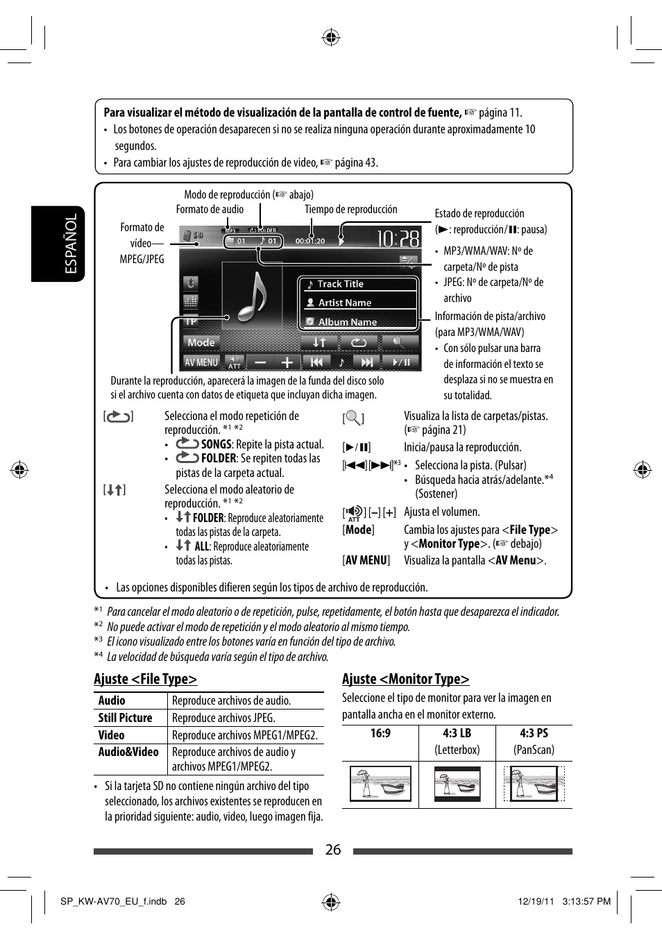 26 esp añol ajuste <file type, Ajuste <monitor type | JVC KW-AV70BT User Manual | Page 100 / 227