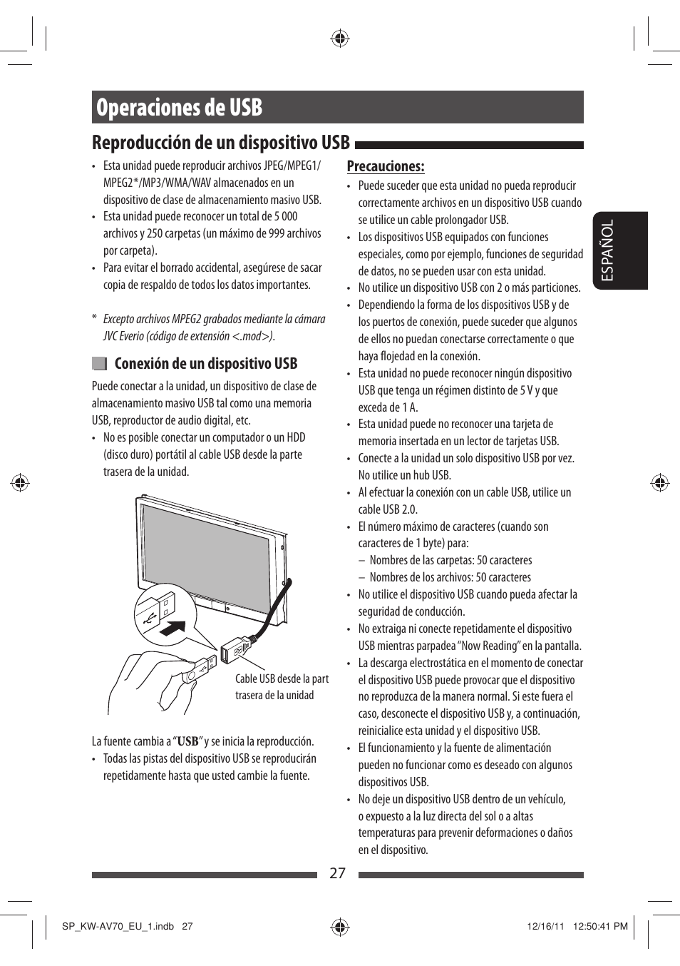 Operaciones de usb, Reproducción de un dispositivo usb, Conexión de un dispositivo usb | JVC KW-AV70BT User Manual | Page 101 / 227