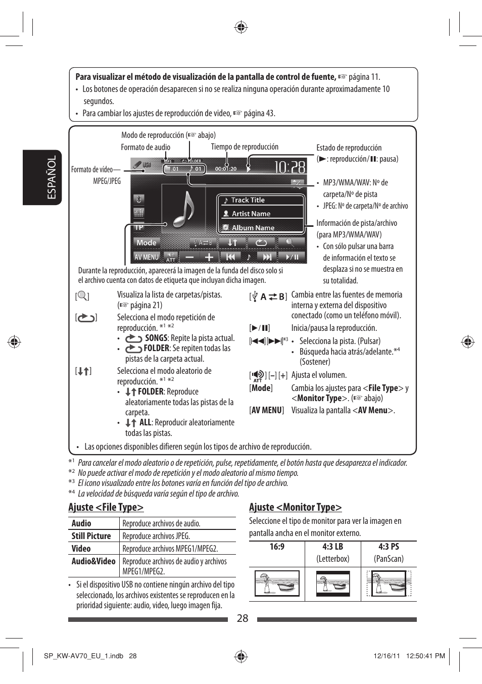 28 esp añol ajuste <file type, Ajuste <monitor type | JVC KW-AV70BT User Manual | Page 102 / 227