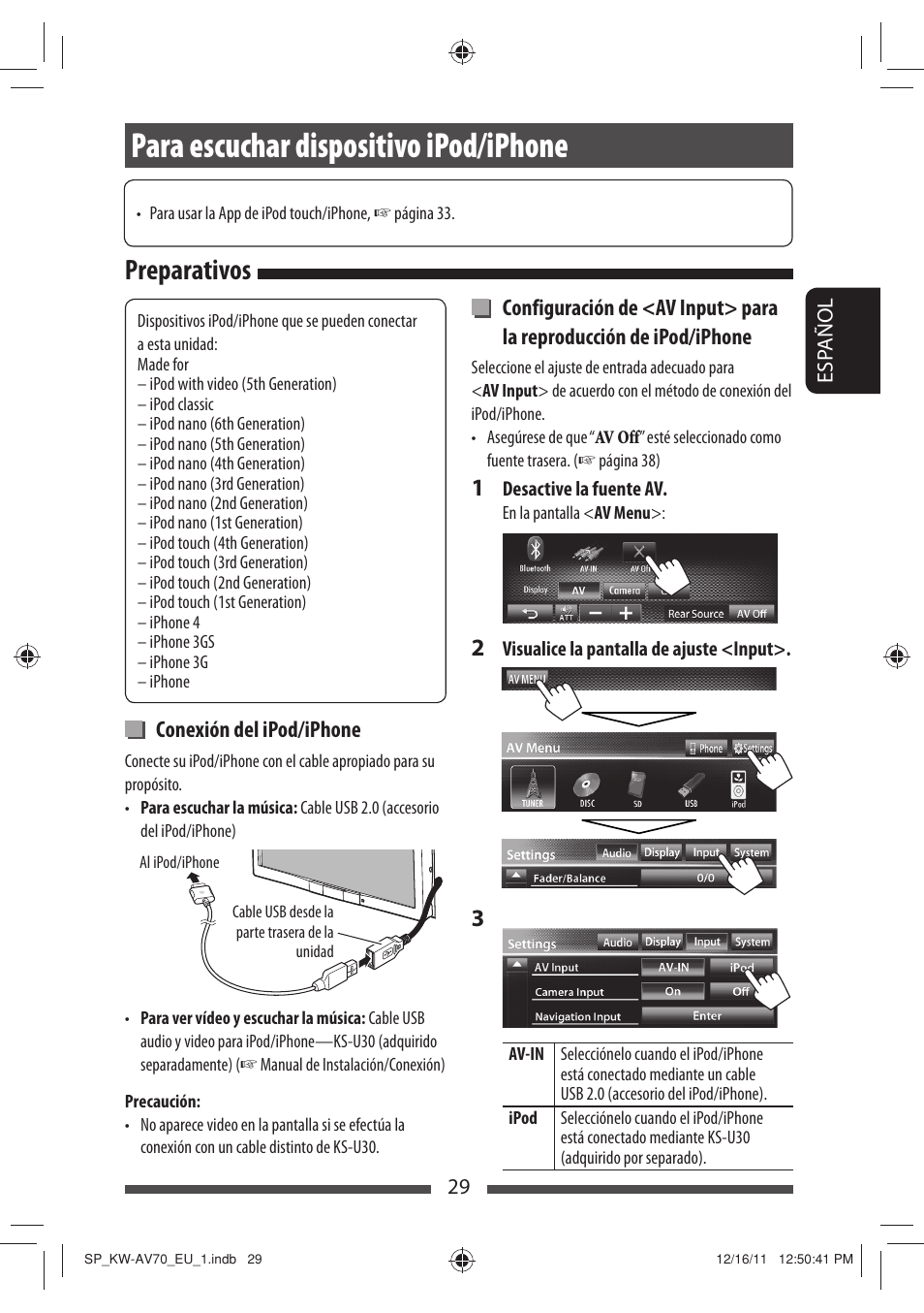 Para escuchar dispositivo ipod/iphone, Preparativos | JVC KW-AV70BT User Manual | Page 103 / 227