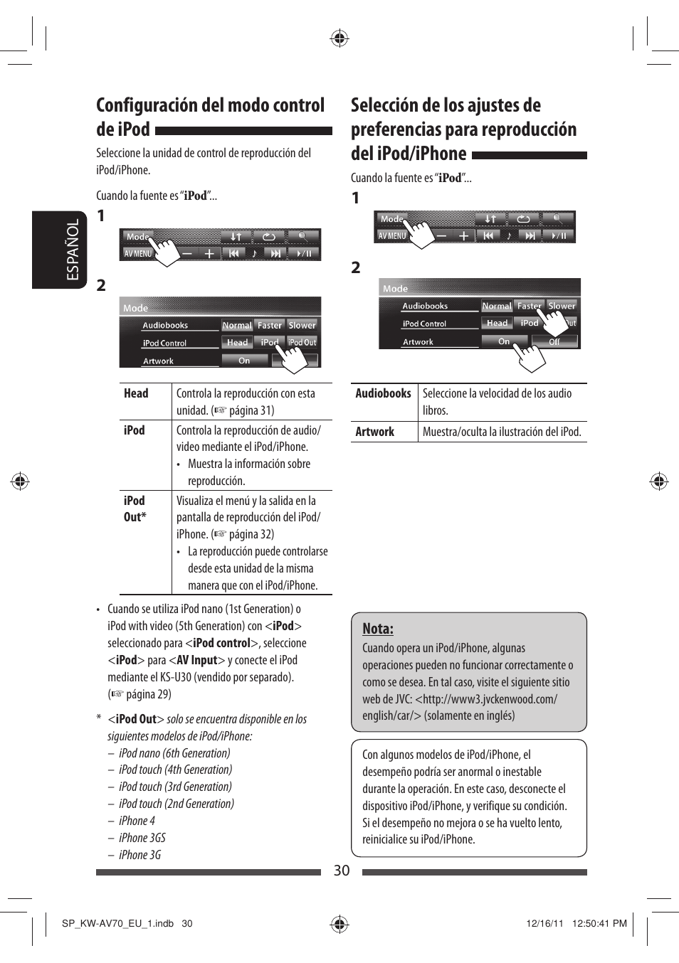 Configuración del modo control de ipod | JVC KW-AV70BT User Manual | Page 104 / 227