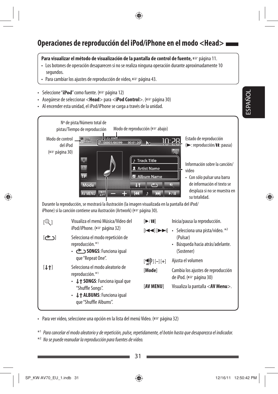 31 esp añol | JVC KW-AV70BT User Manual | Page 105 / 227