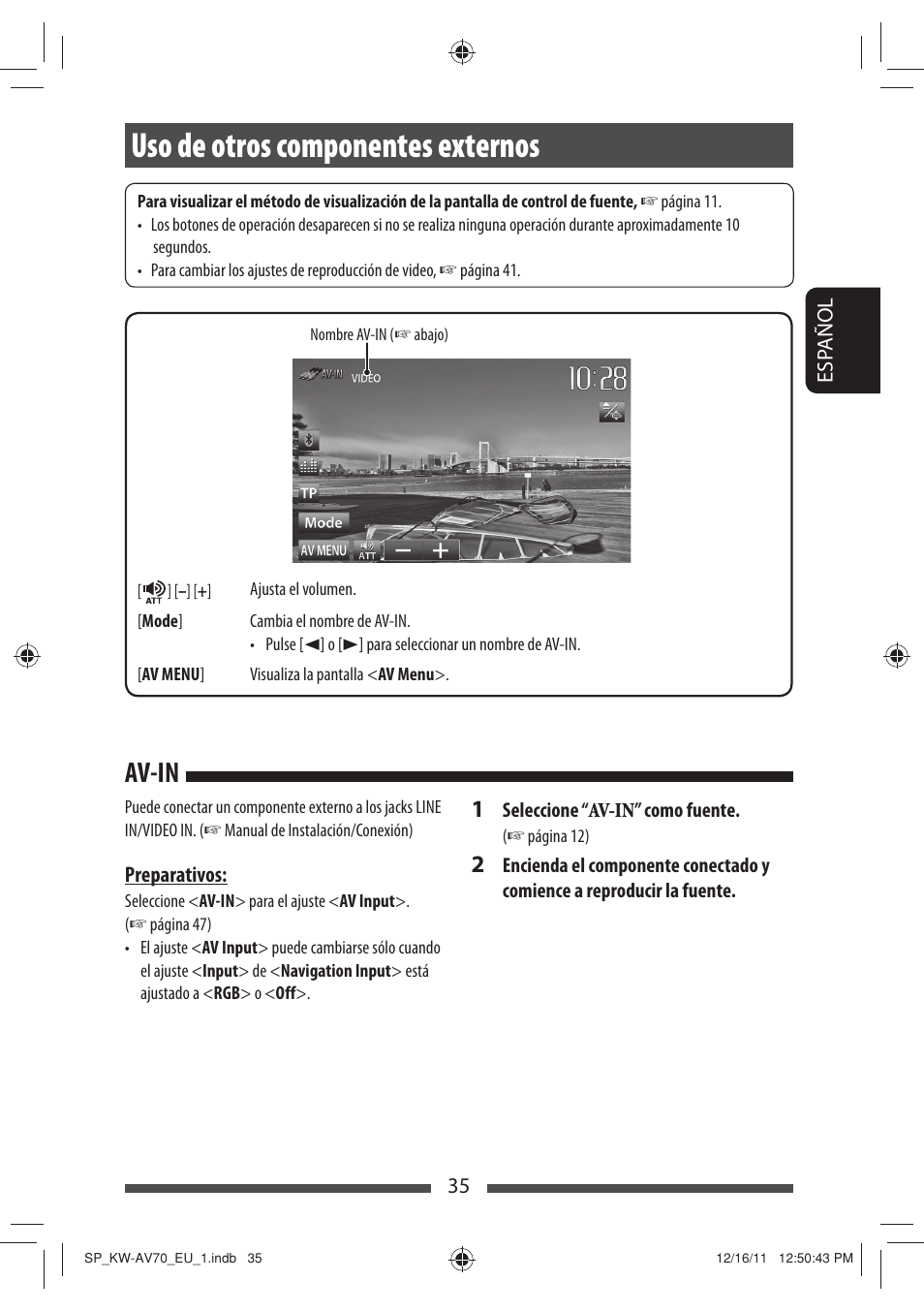 Uso de otros componentes externos, Av-in | JVC KW-AV70BT User Manual | Page 109 / 227