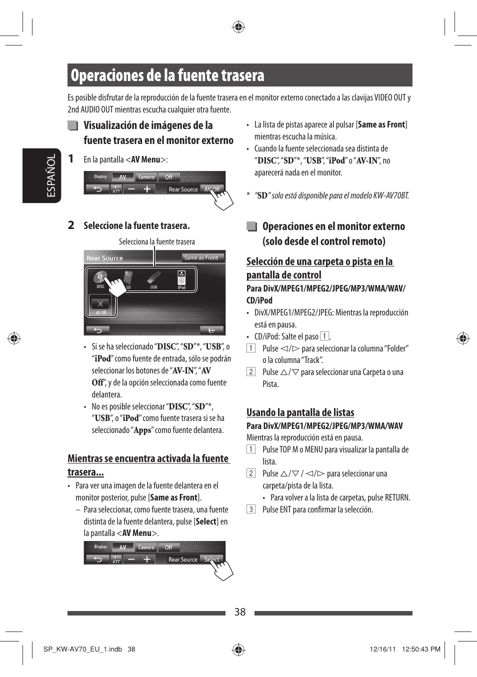 Operaciones de la fuente trasera | JVC KW-AV70BT User Manual | Page 112 / 227