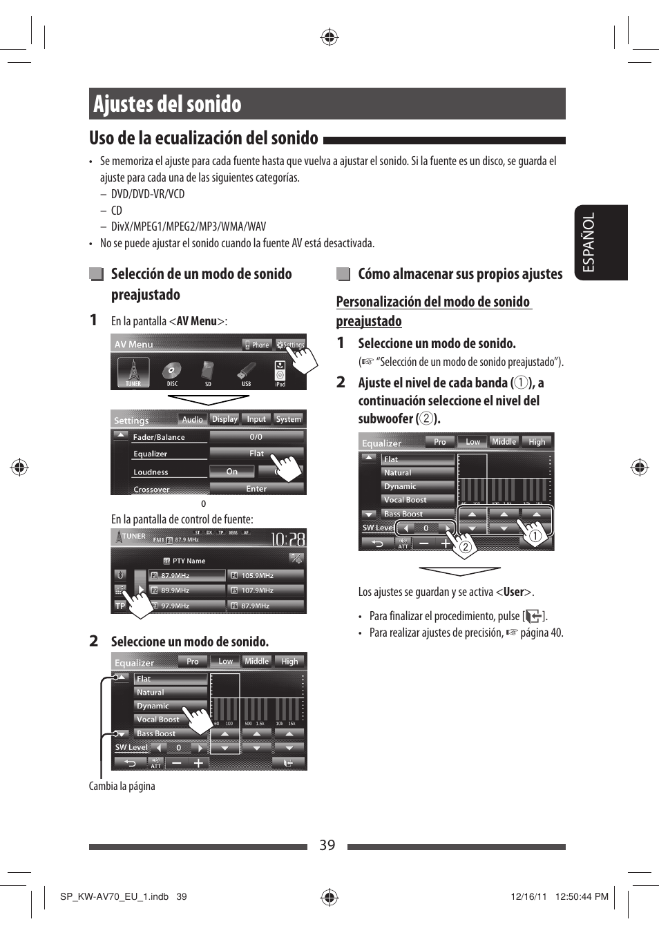 Ajustes del sonido, Uso de la ecualización del sonido | JVC KW-AV70BT User Manual | Page 113 / 227