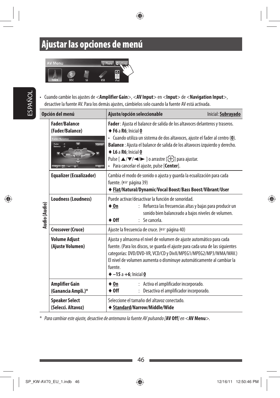 Ajustar las opciones de menú | JVC KW-AV70BT User Manual | Page 120 / 227