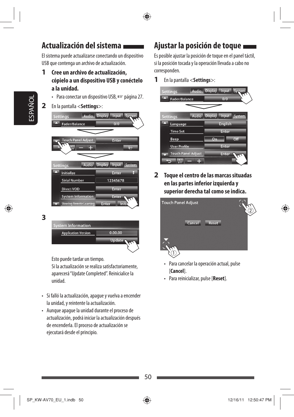 Ajustar la posición de toque, Actualización del sistema | JVC KW-AV70BT User Manual | Page 124 / 227