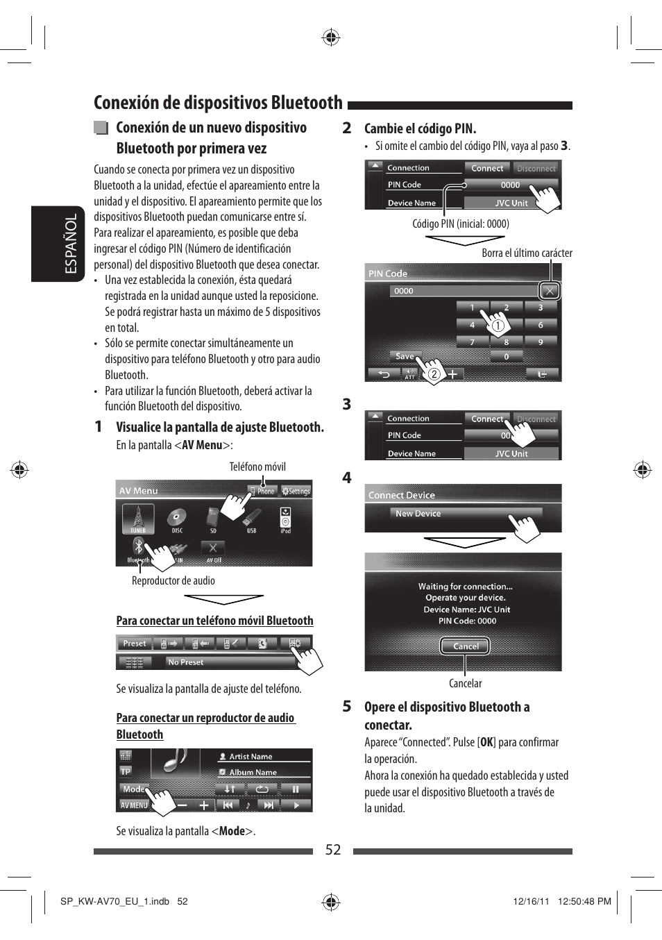 Conexión de dispositivos bluetooth | JVC KW-AV70BT User Manual | Page 126 / 227