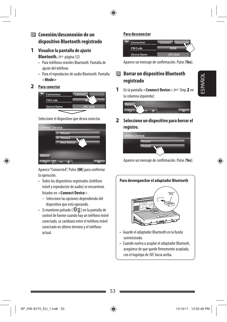 Borrar un dispositivo bluetooth registrado | JVC KW-AV70BT User Manual | Page 127 / 227