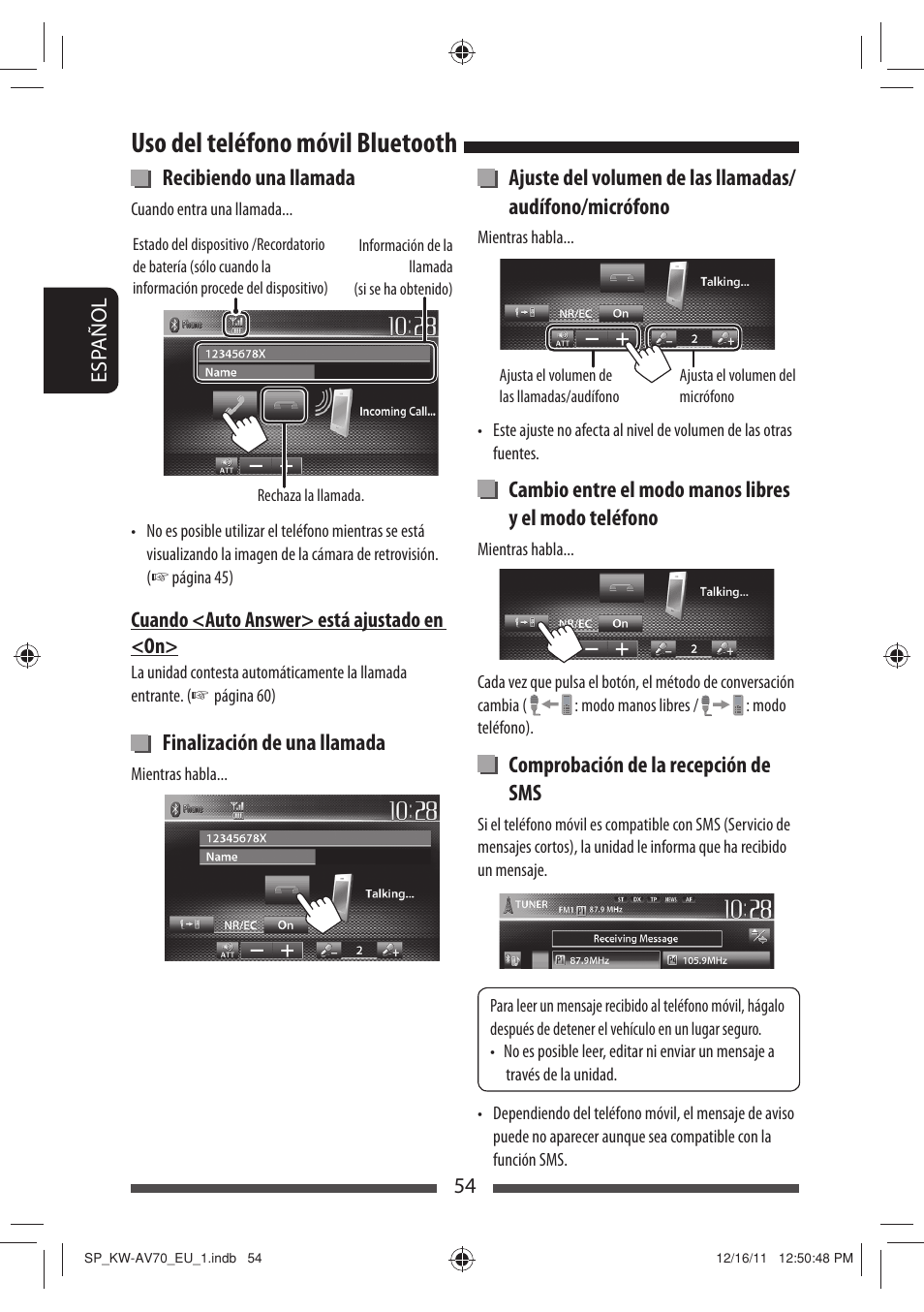 Uso del teléfono móvil bluetooth, Recibiendo una llamada, Finalización de una llamada | Comprobación de la recepción de sms | JVC KW-AV70BT User Manual | Page 128 / 227