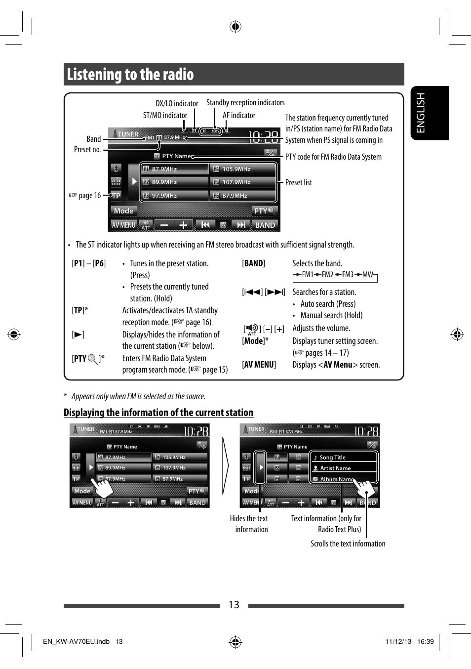 Listening to the radio, 13 english, Displaying the information of the current station | JVC KW-AV70BT User Manual | Page 13 / 227