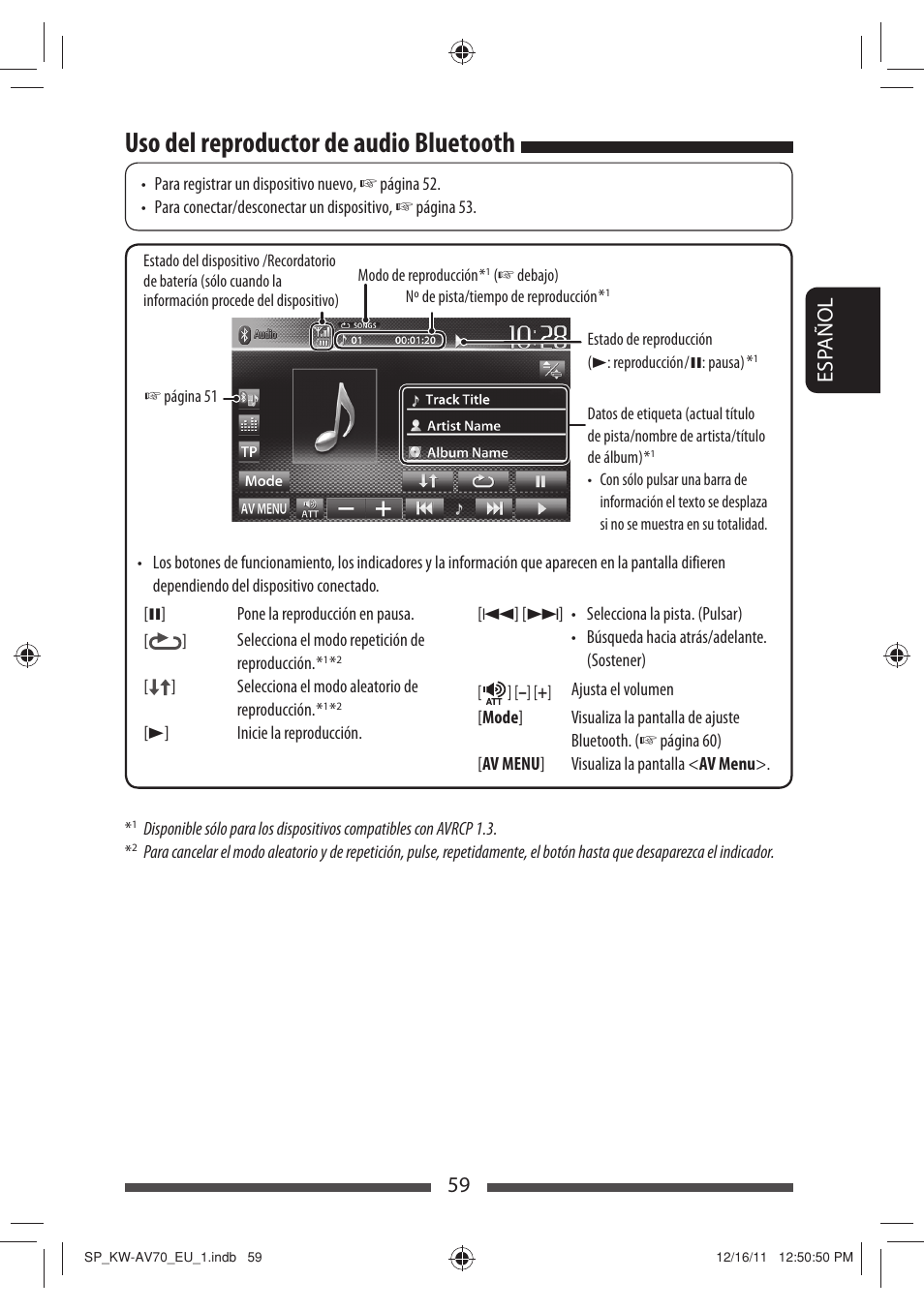 Uso del reproductor de audio bluetooth, 59 esp añol | JVC KW-AV70BT User Manual | Page 133 / 227