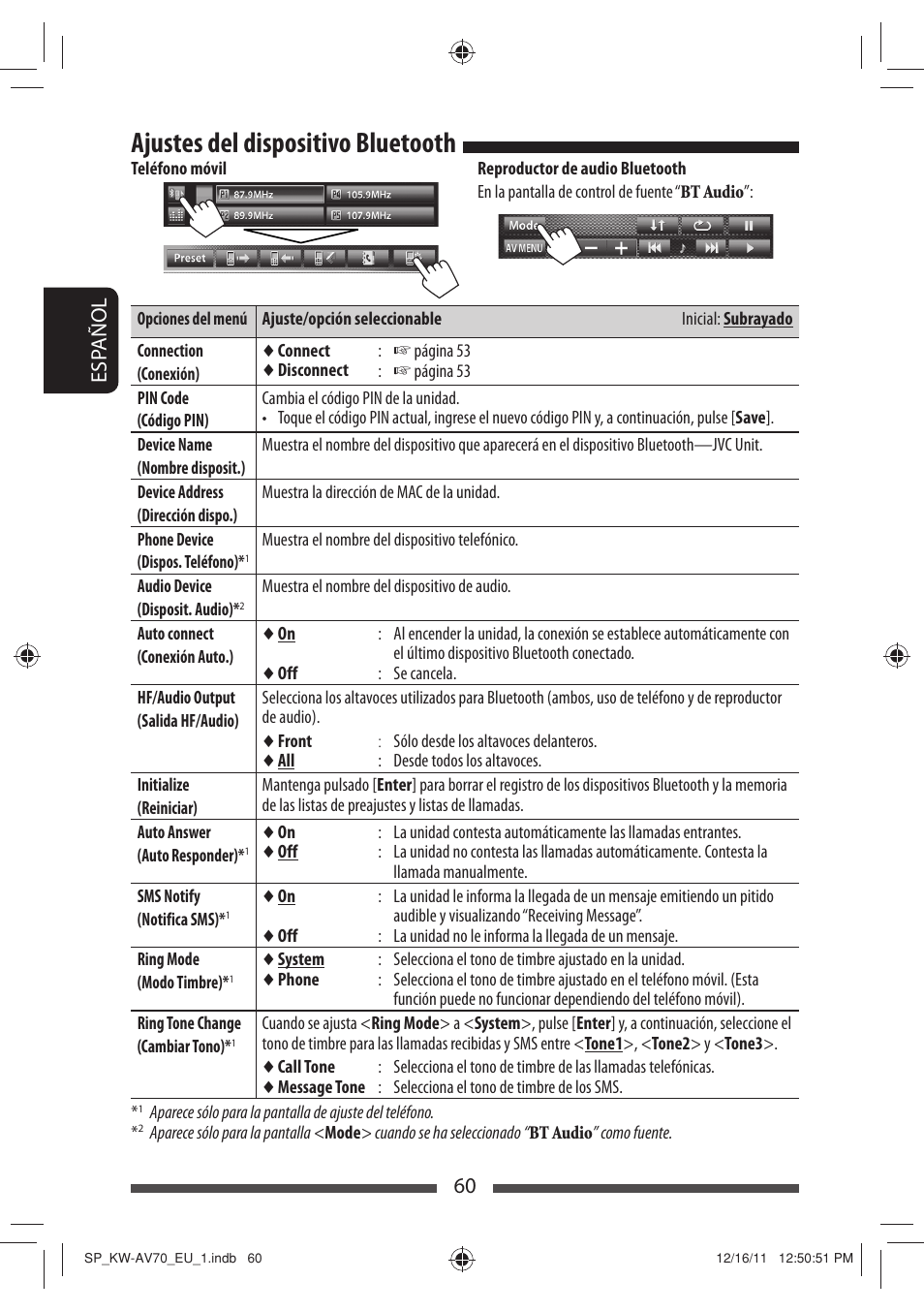 Ajustes del dispositivo bluetooth, 60 esp añol | JVC KW-AV70BT User Manual | Page 134 / 227