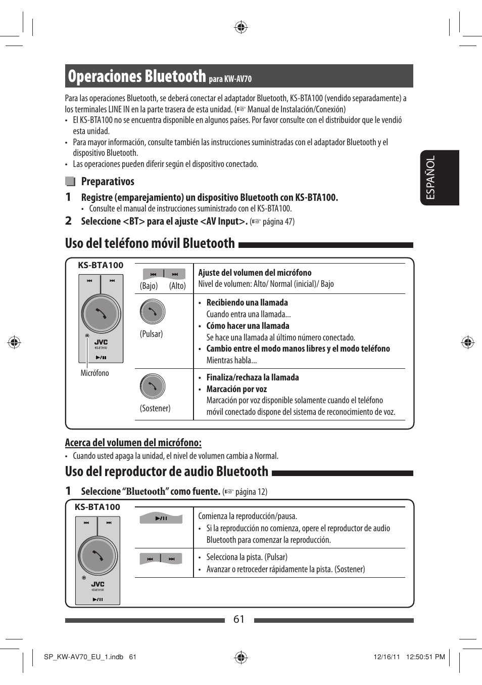 Operaciones bluetooth, Uso del teléfono móvil bluetooth, Uso del reproductor de audio bluetooth | JVC KW-AV70BT User Manual | Page 135 / 227