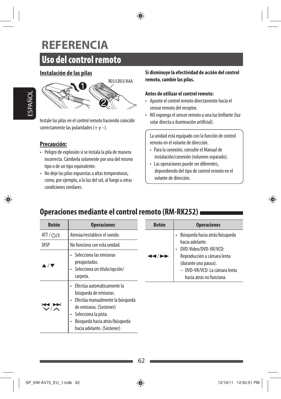 Referencia, Uso del control remoto, Operaciones mediante el control remoto (rm-rk252) | JVC KW-AV70BT User Manual | Page 136 / 227