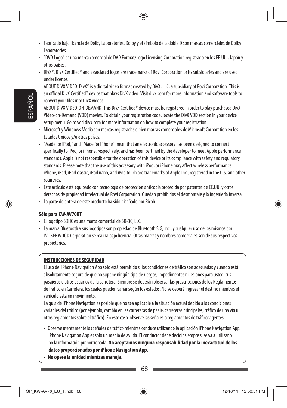 68 esp añol | JVC KW-AV70BT User Manual | Page 142 / 227